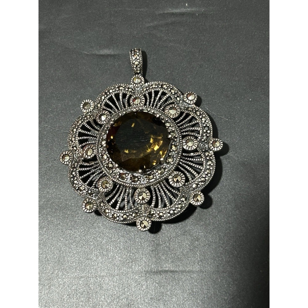 Vtg Victorian Style Smokey Quartz & Marcasite Pendant Brooch 16g / 925-Silver